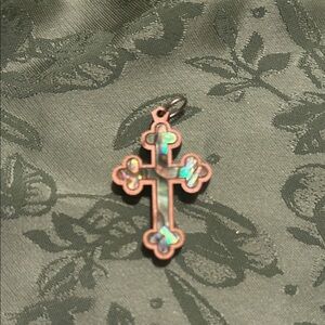 Wooden cross pendant with abalone shell for necklace